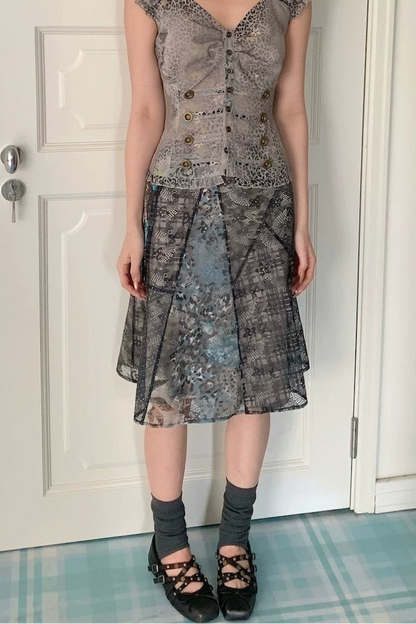 Asymmetrical Plaid Leopard Floral Midi Skirt