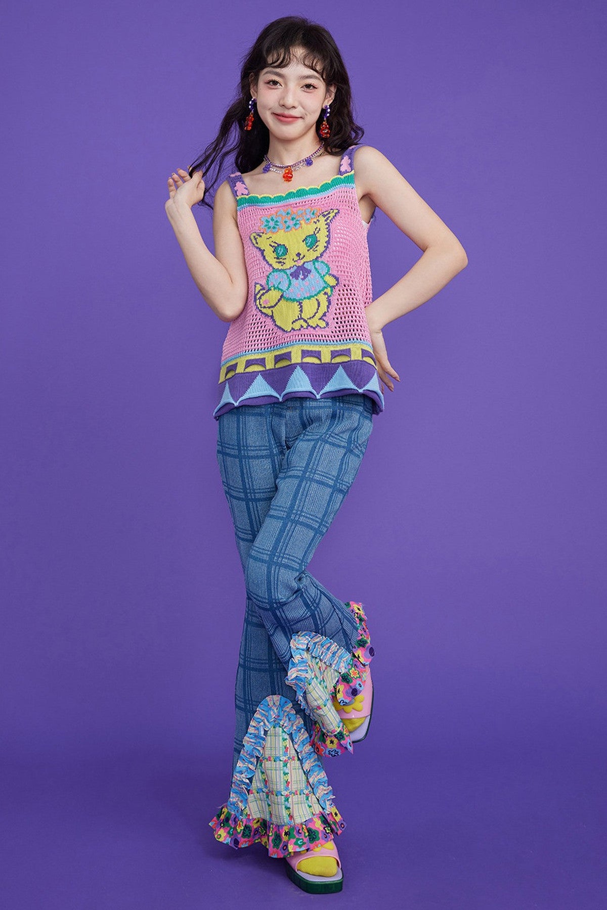 High-Waisted Plaid Patchwork Bell-Bottom Jeans