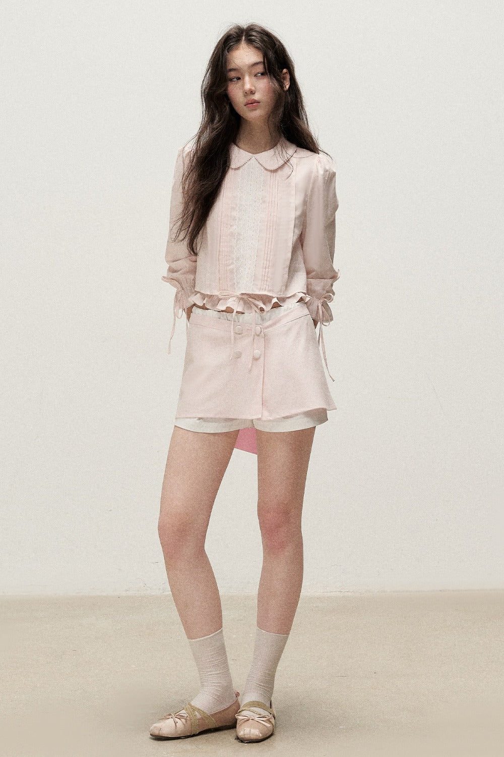 Mist Pink Lyocell Linen Mid-Sleeve Tuck Pleat Shirt Skirt Set-Up