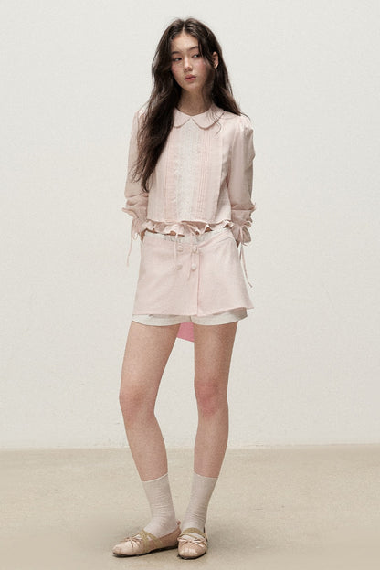 Mist Pink Lyocell Linen Mid-Sleeve Tuck Pleat Shirt Skirt Set-Up
