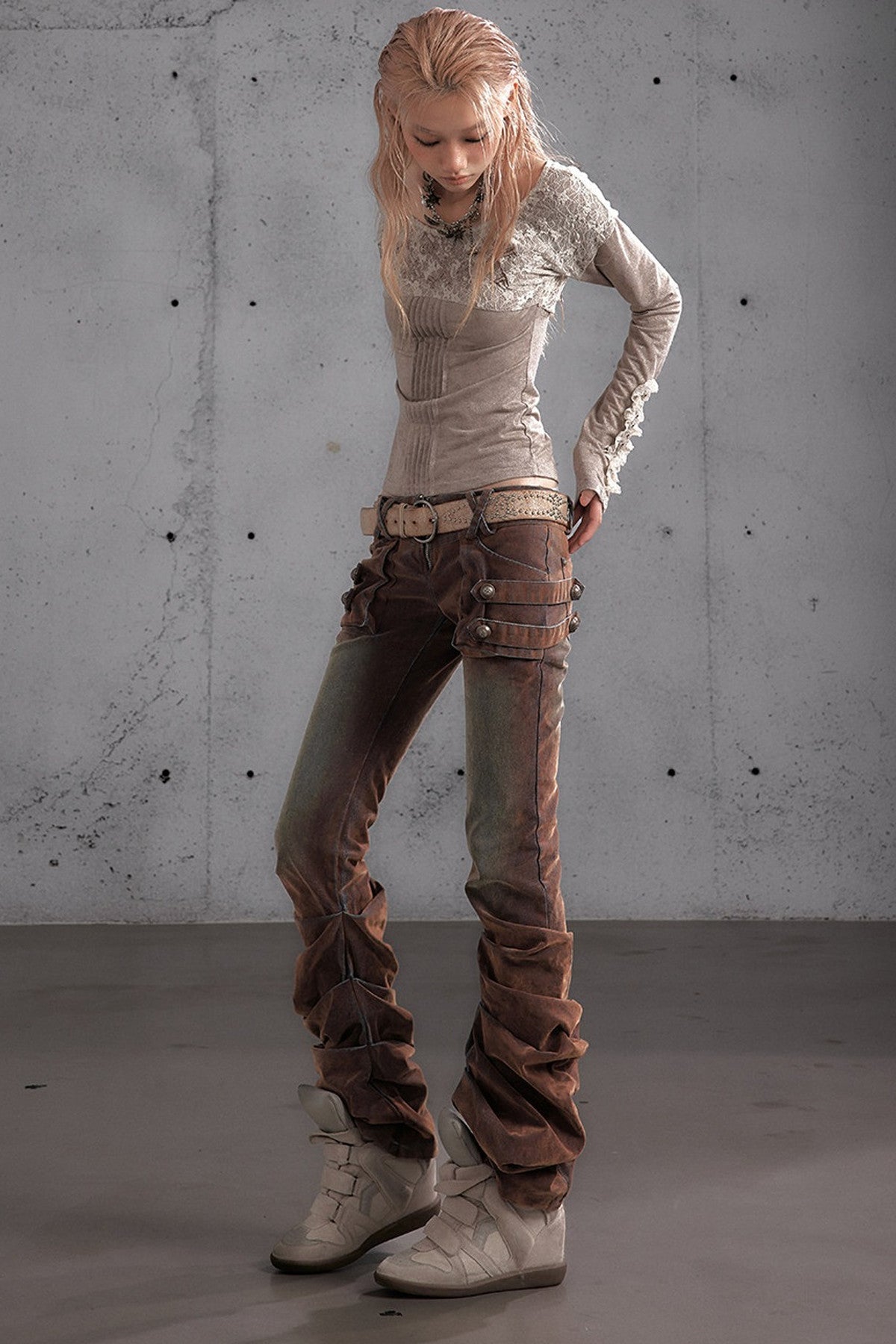 Punk Flocked Ruched Low-Waist Curved Leg Jeans