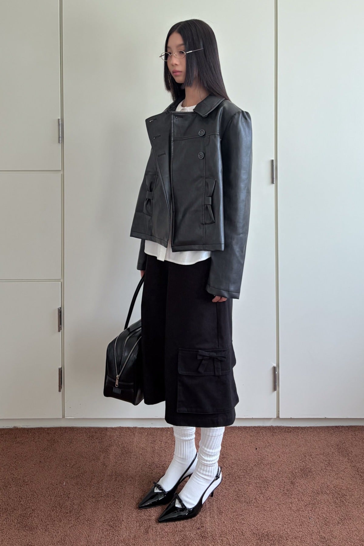 Double-Breasted Bow Pocket Leather Jacket