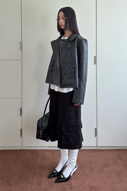 Double-Breasted Bow Pocket Leather Jacket