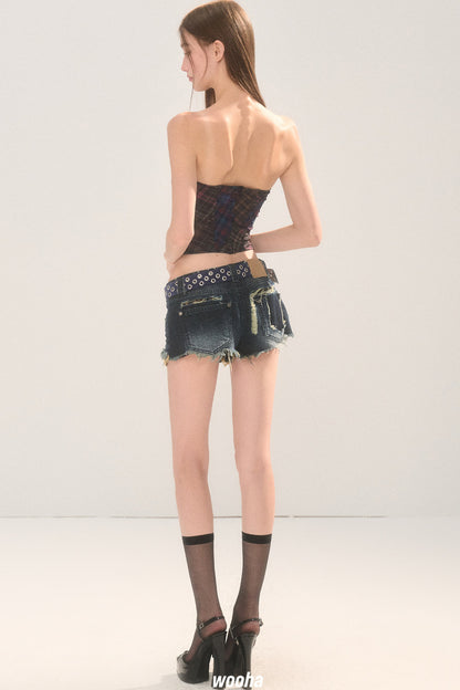 Frayed Ripped Lace Denim Shorts