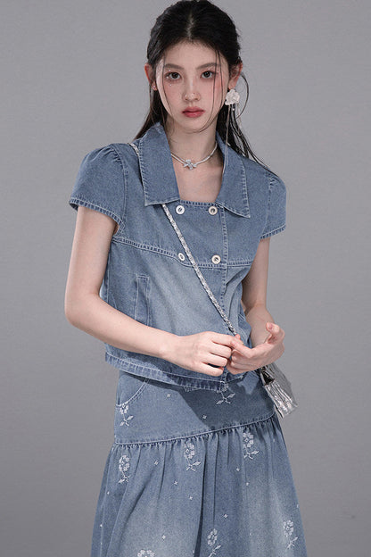 Gentle Denim Cropped Top and Skirt Set
