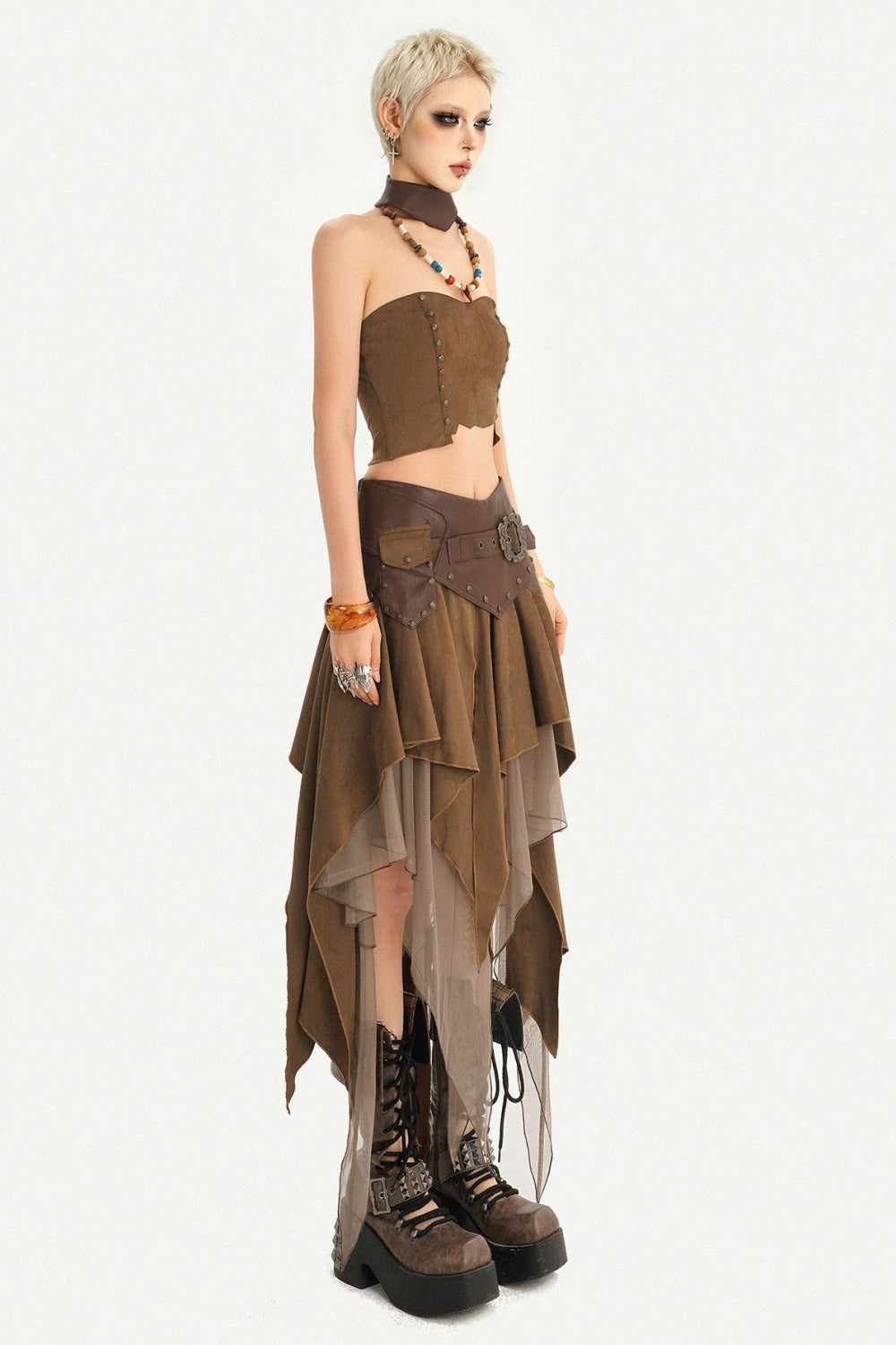 Patchwork Faux Suede Skirt and Top Set-Up
