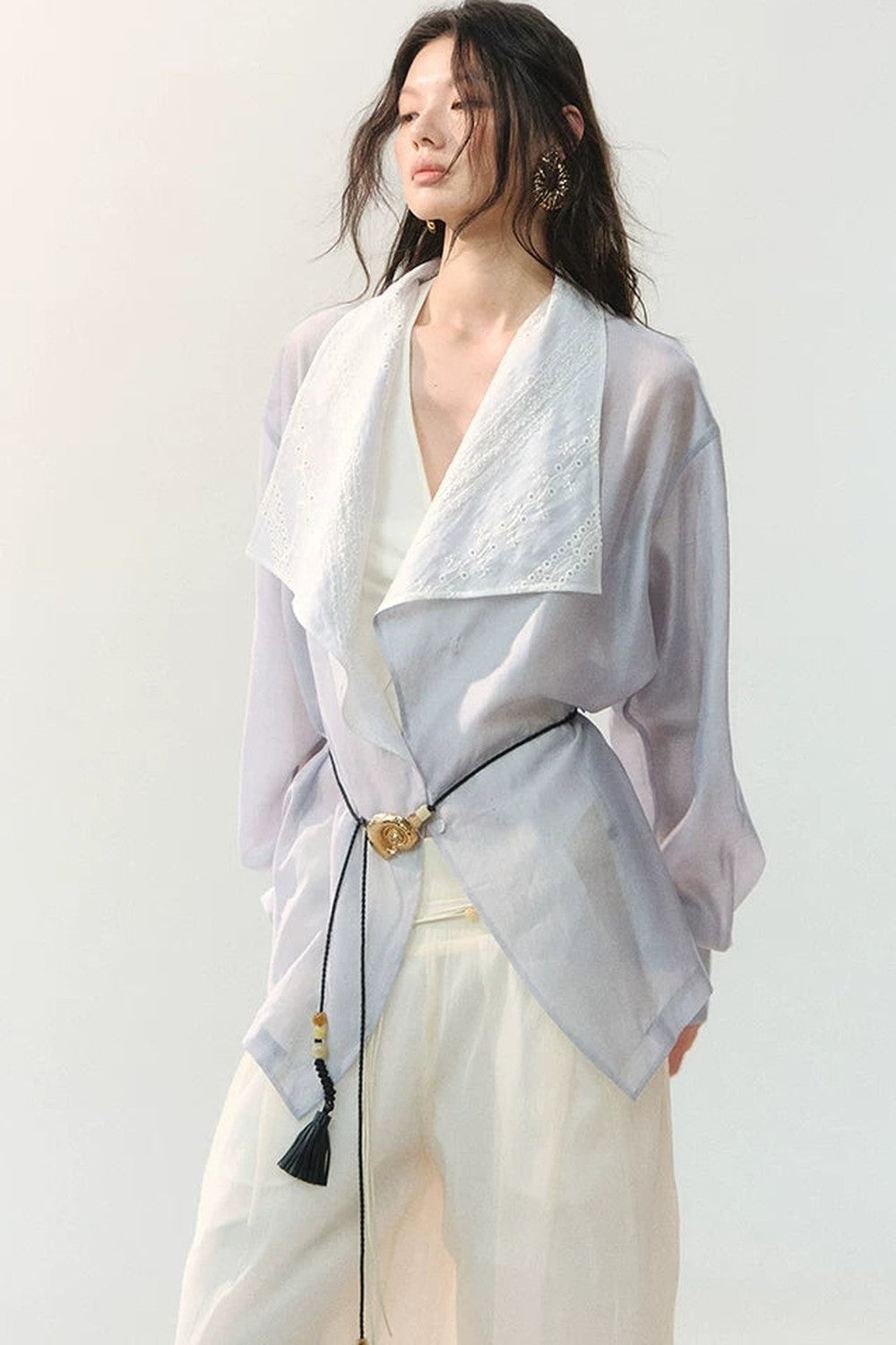Folded Embroidery Plant Texture Shirt Set