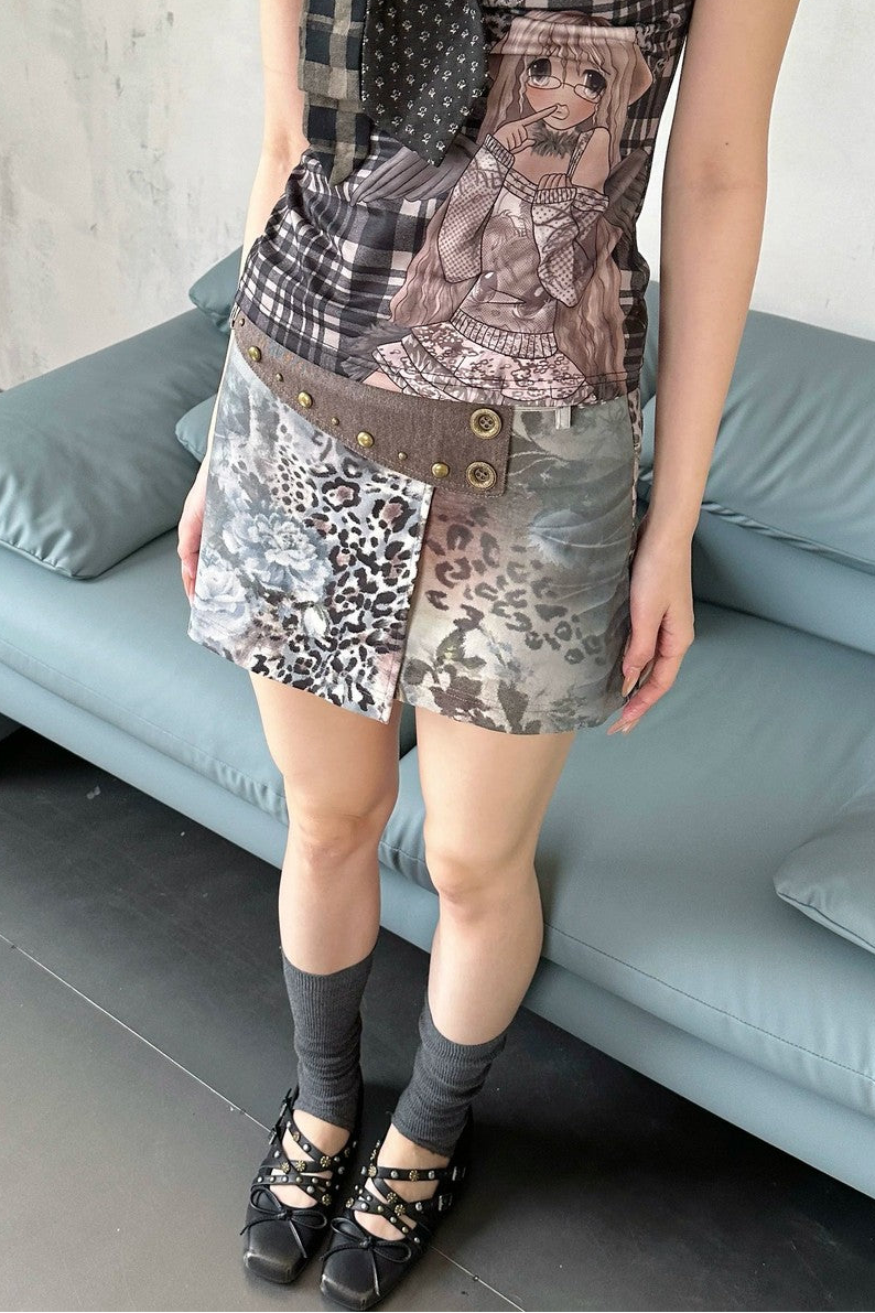 Vintage Leopard Floral Stud Short Skirt