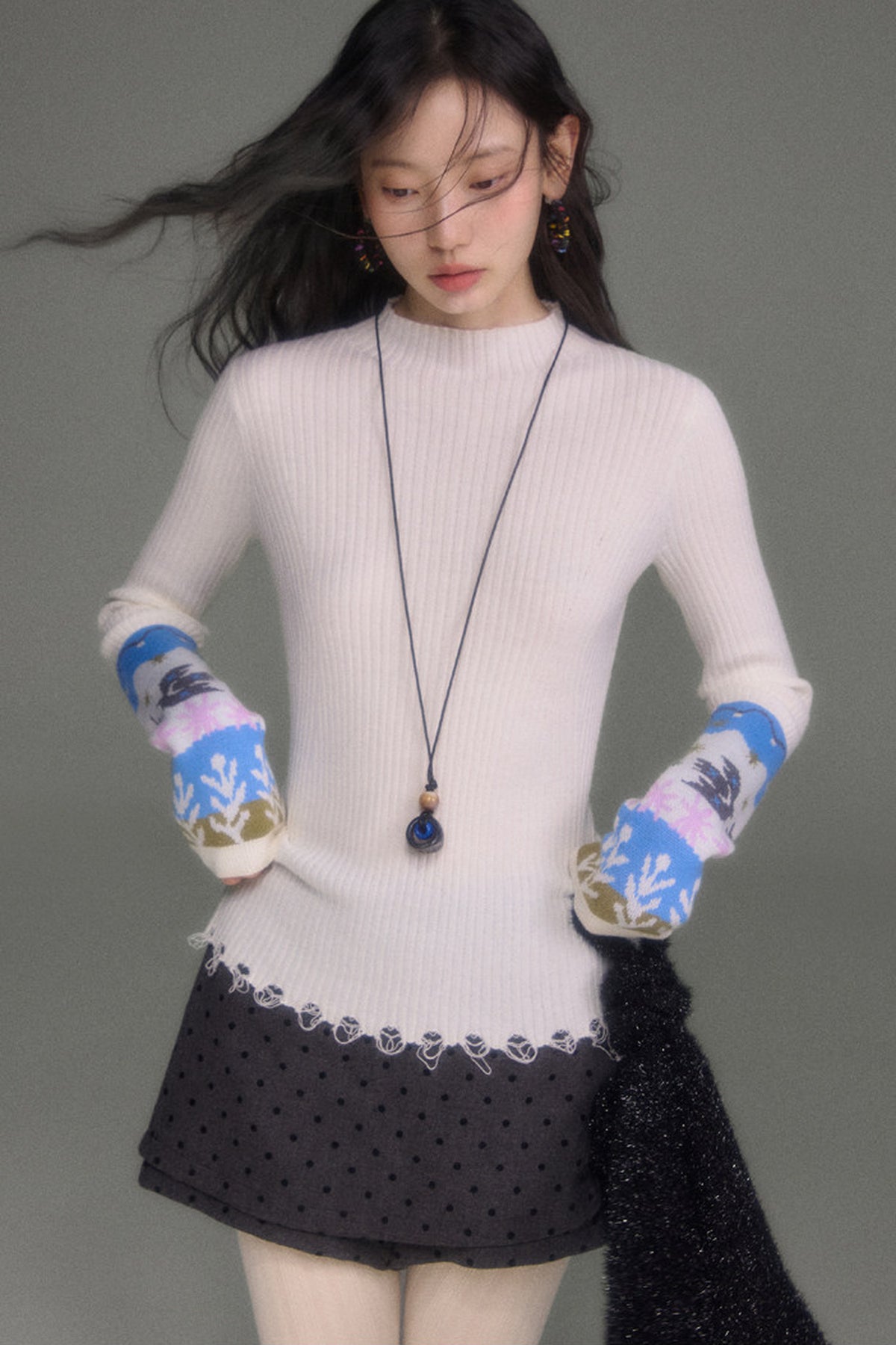 Wool Blend Bird Jacquard Knit Top