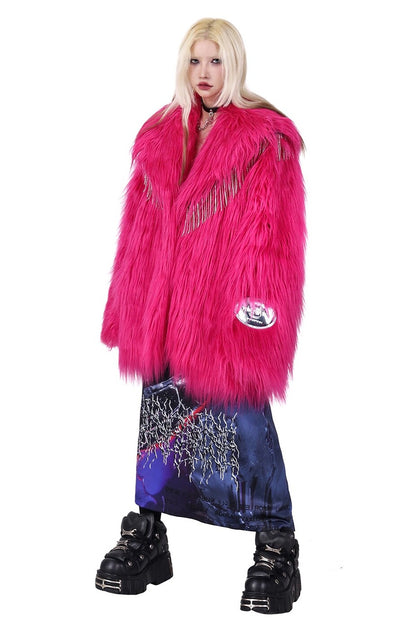 Pink Rhinestone Fringe Fur Jacket