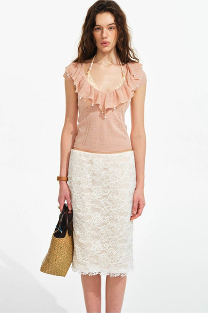 Retro Ruffle V-Neck Linen Knit Top set-Up