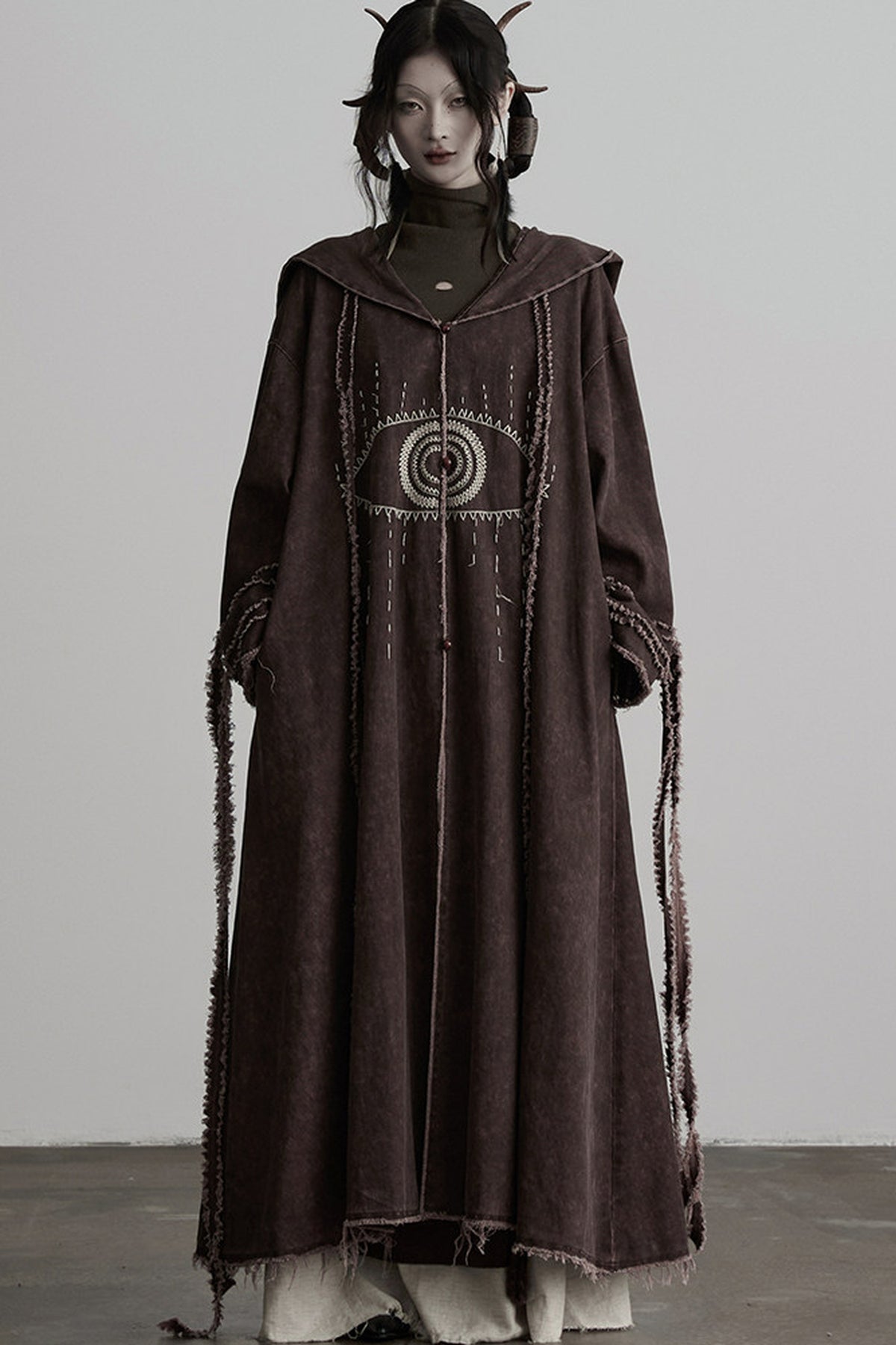 Red-Brown Quilted Embroidered Long Hooded Trench Coat