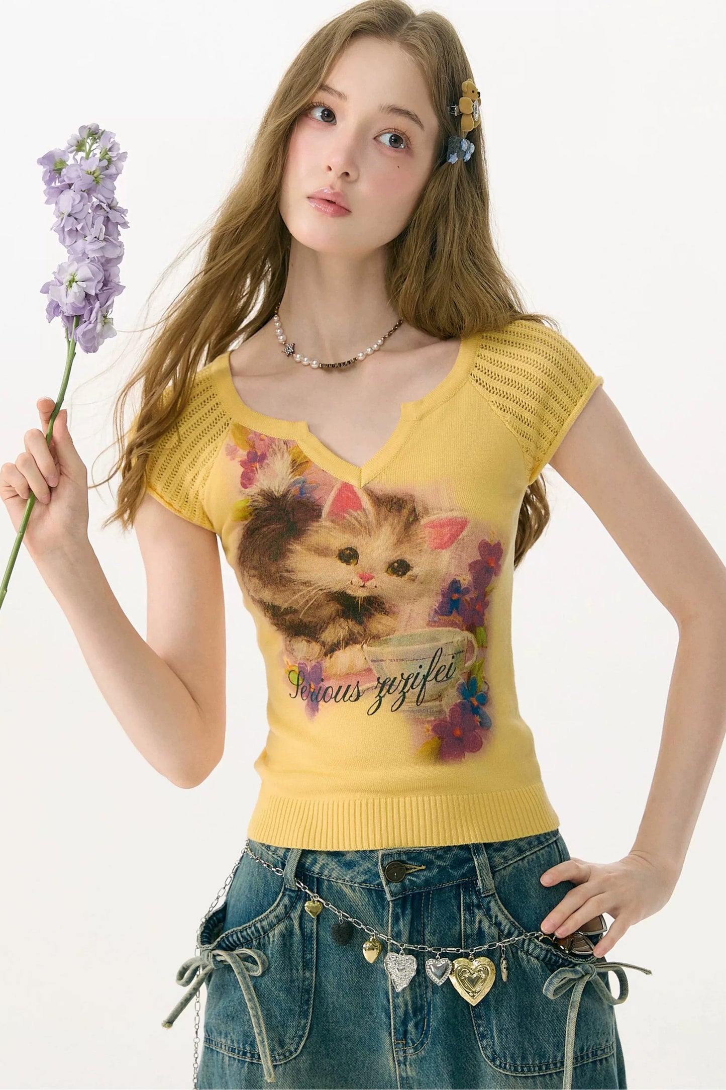 Warm Yellow Cat Print Knit T-Shirt