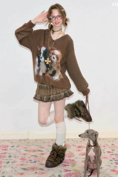 Brown Dog Print Lace V-Neck Sweatshirt