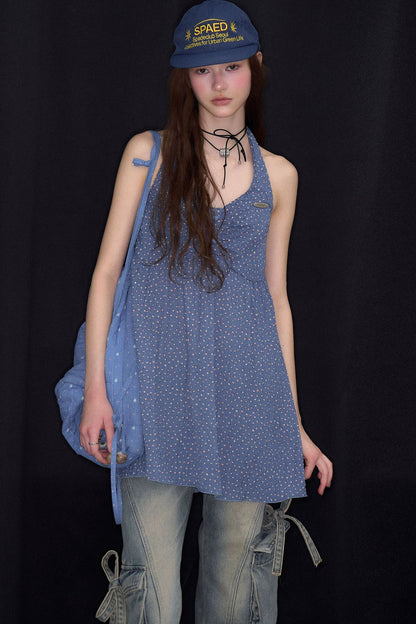 Blue Floral Waist-Tie Halter Camisole