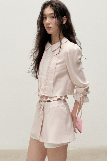 Mist Pink Lyocell Linen Mid-Sleeve Tuck Pleat Shirt Skirt Set-Up