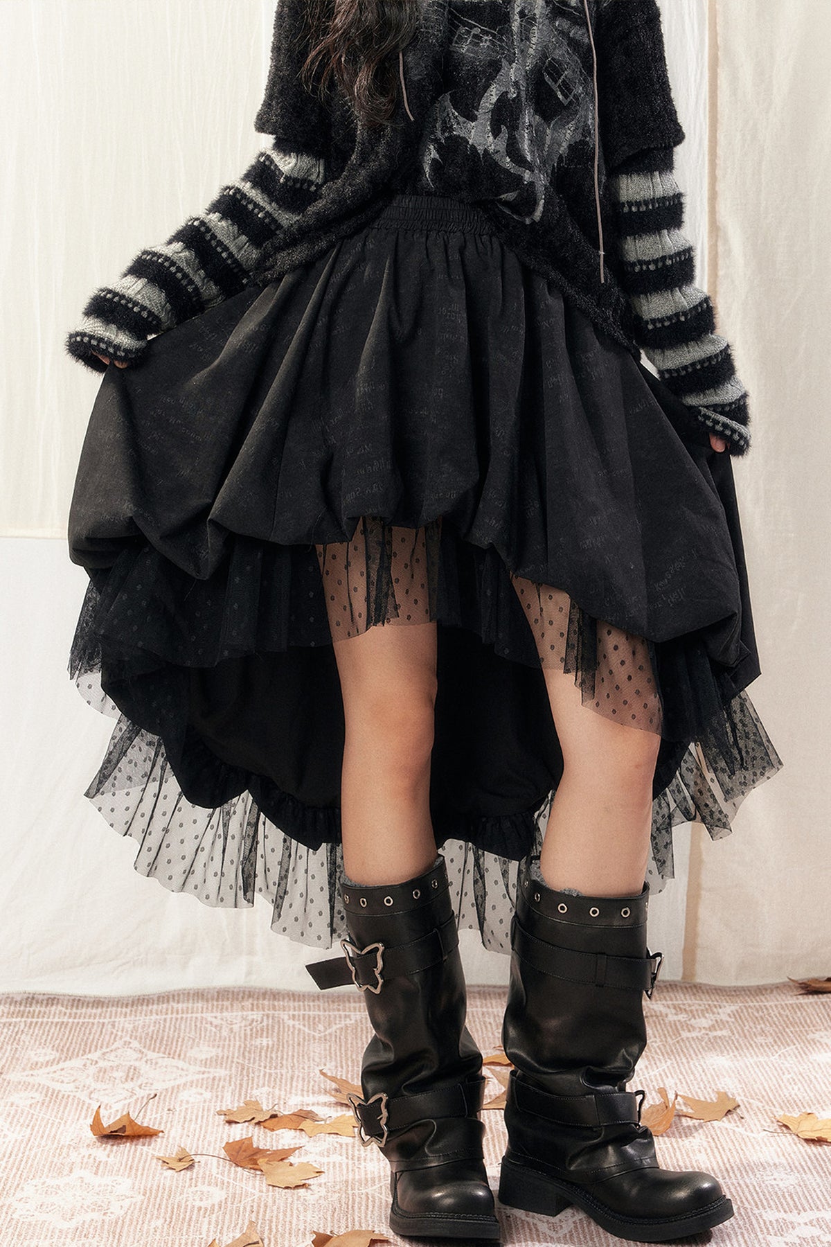Black Asymmetrical Lace Splicing Polka Dot Skirt