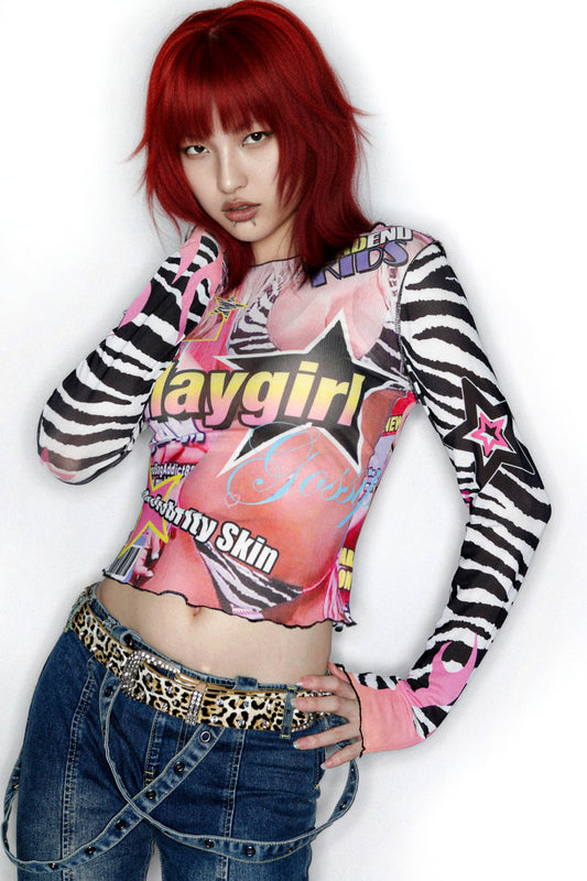 Y2K Graphic Long Sleeve Mesh Top