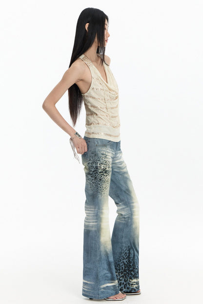 High-Stretch Washed Leopard Print Jeans