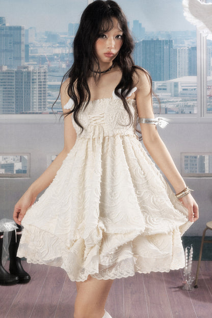 Pleated Lace Texture Camisole Dress