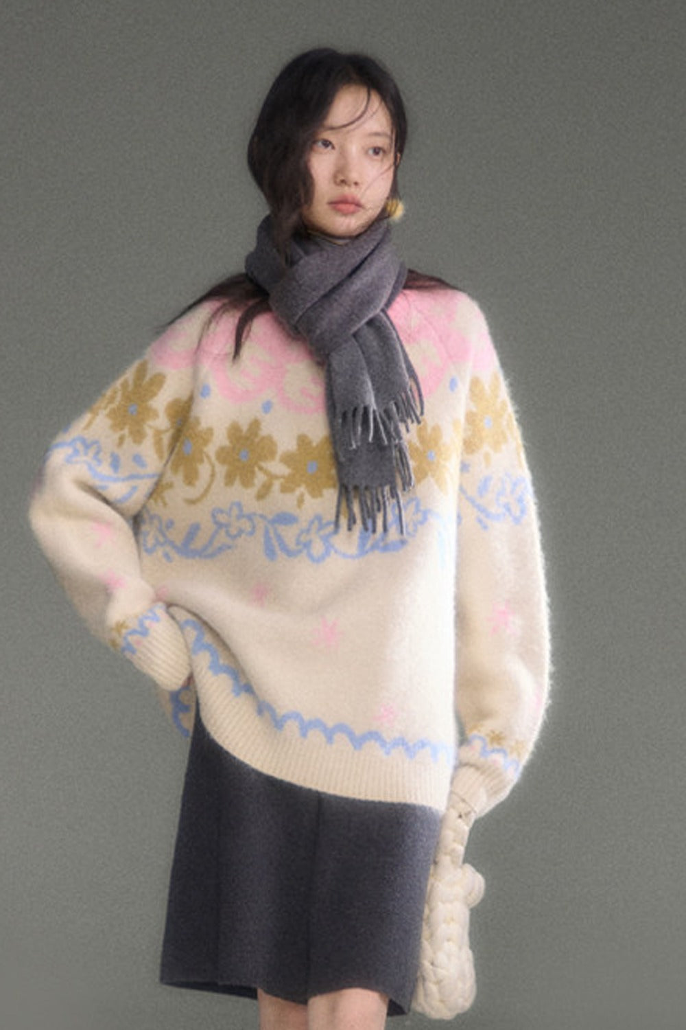 Retro Fair Isle Floral Jacquard Wool Sweater