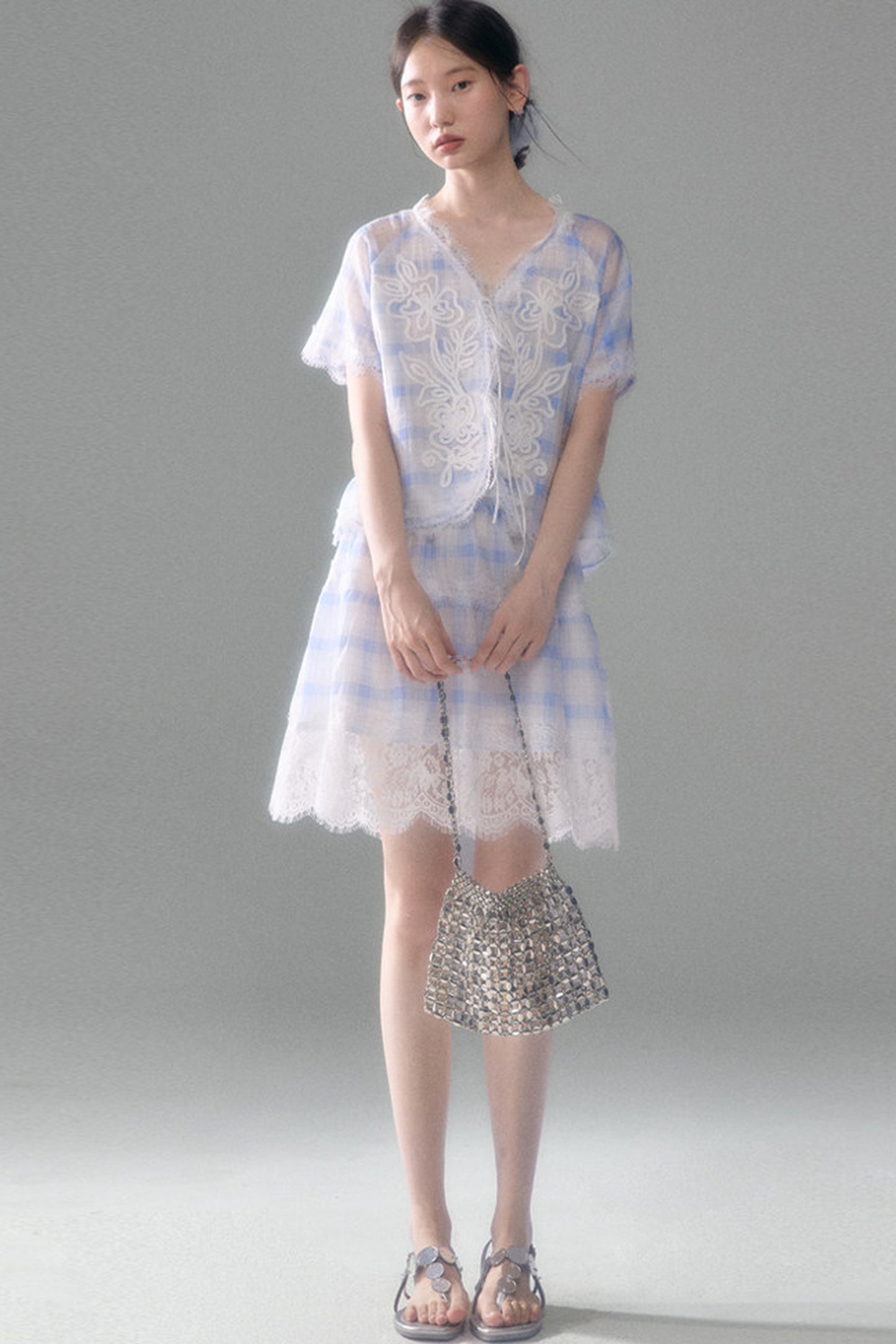 Blue White Checkered Lace Tencel Top Skirt Set-Up
