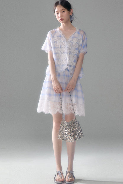 Blue White Checkered Lace Tencel Top Skirt Set-Up