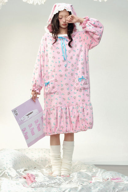 Pink Floral Flannel Ruffled Hooded Robe