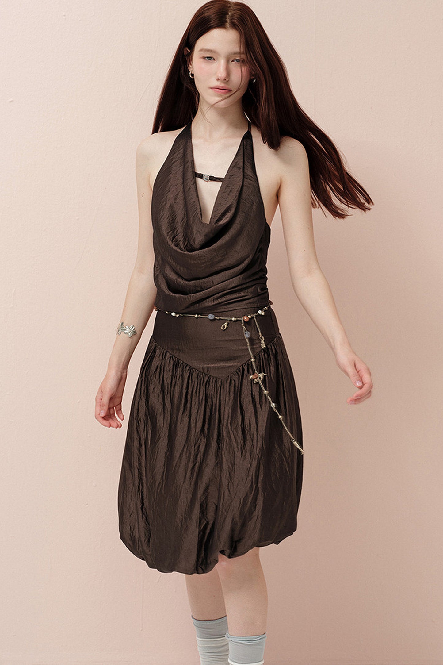 Brown Cowl Neck Camisole and Irregular Skirt Set