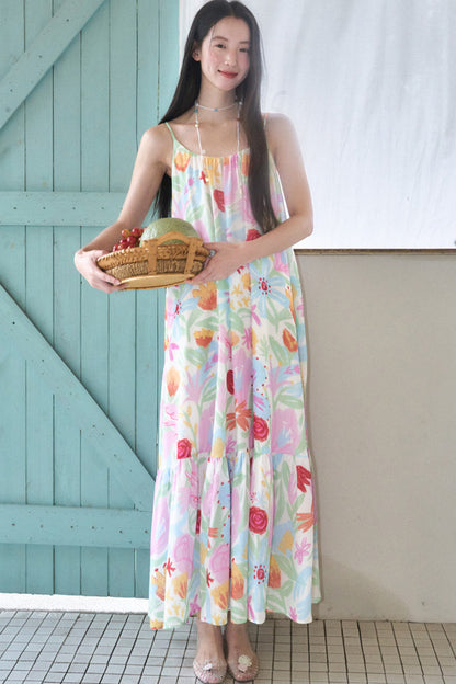 Hand-Painted Watercolor Flower Print Strap Dress