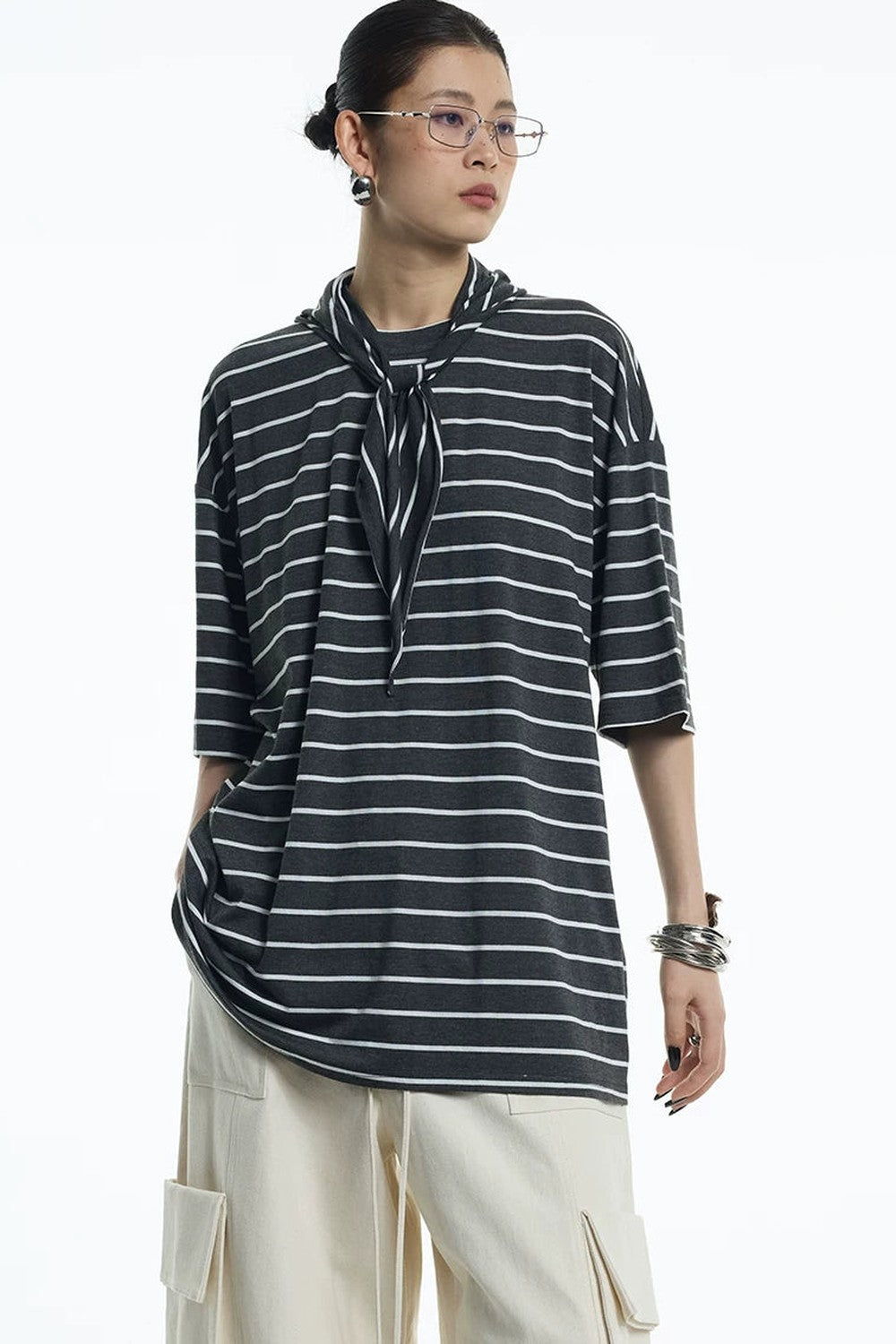 Oversize Gray White Striped Mid-Sleeve Tee