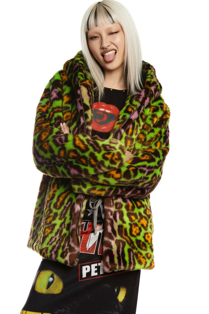 Leopard Print Fur Hooded Jacket