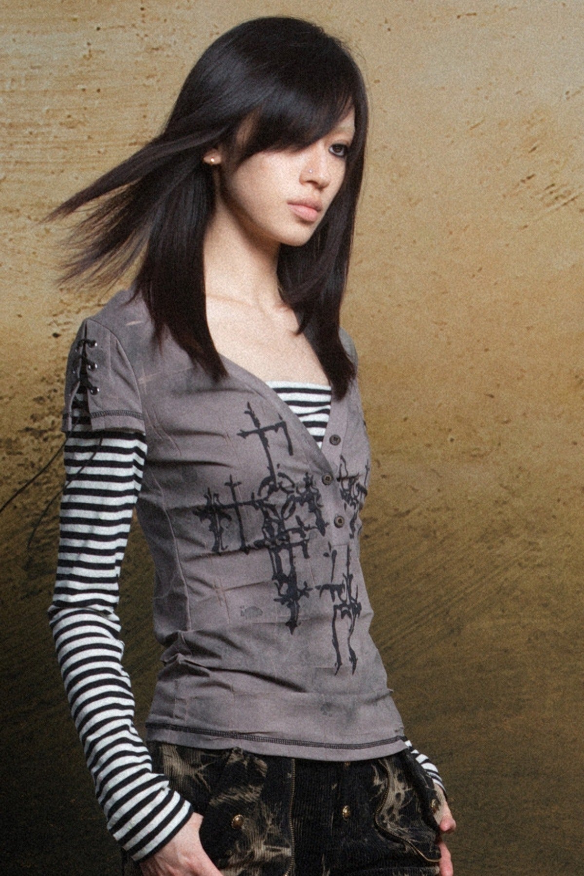 Cross Print Layered-Look V-Neck T-Shirt