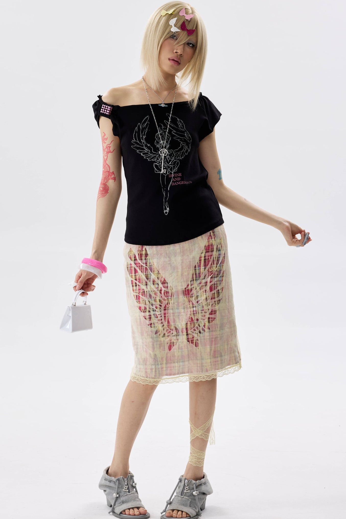Plaid Organza Cut-Out Skirt