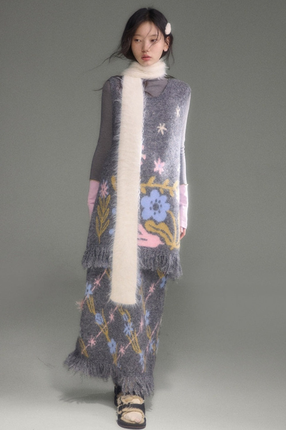 Ear-Shaped Wool-Blend Bird and Flower Jacquard Dress Set-Up