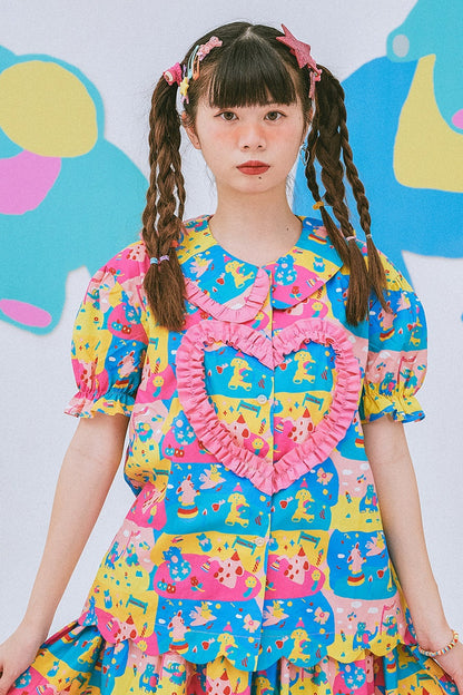 Kindergarten Paradise Print Puff Sleeve Shirt