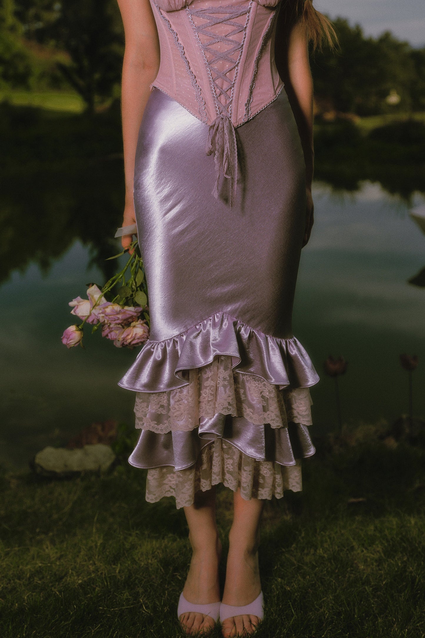 Purple Floral Fishbone Corset Camisole and Satin Skirt Set-Up