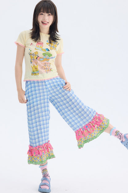 Pantalon court en dentelle à carreaux bleus avec empiècements