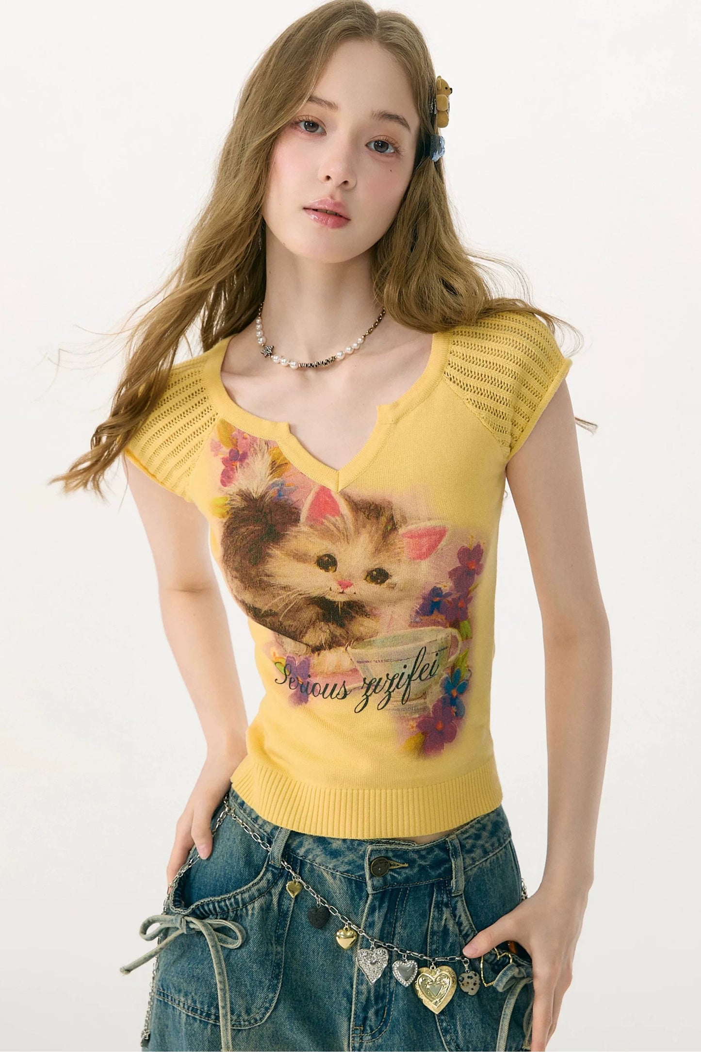 Warm Yellow Cat Print Knit T-Shirt