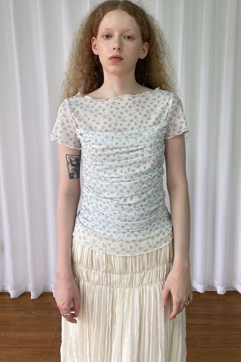 Light Blue Floral Mesh Top