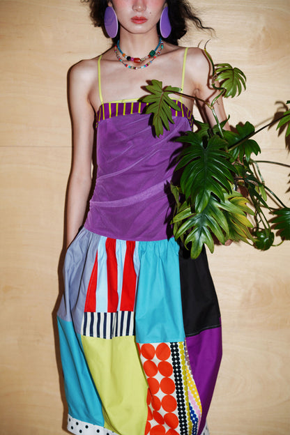 Patchwork Pleated Balloon Dress