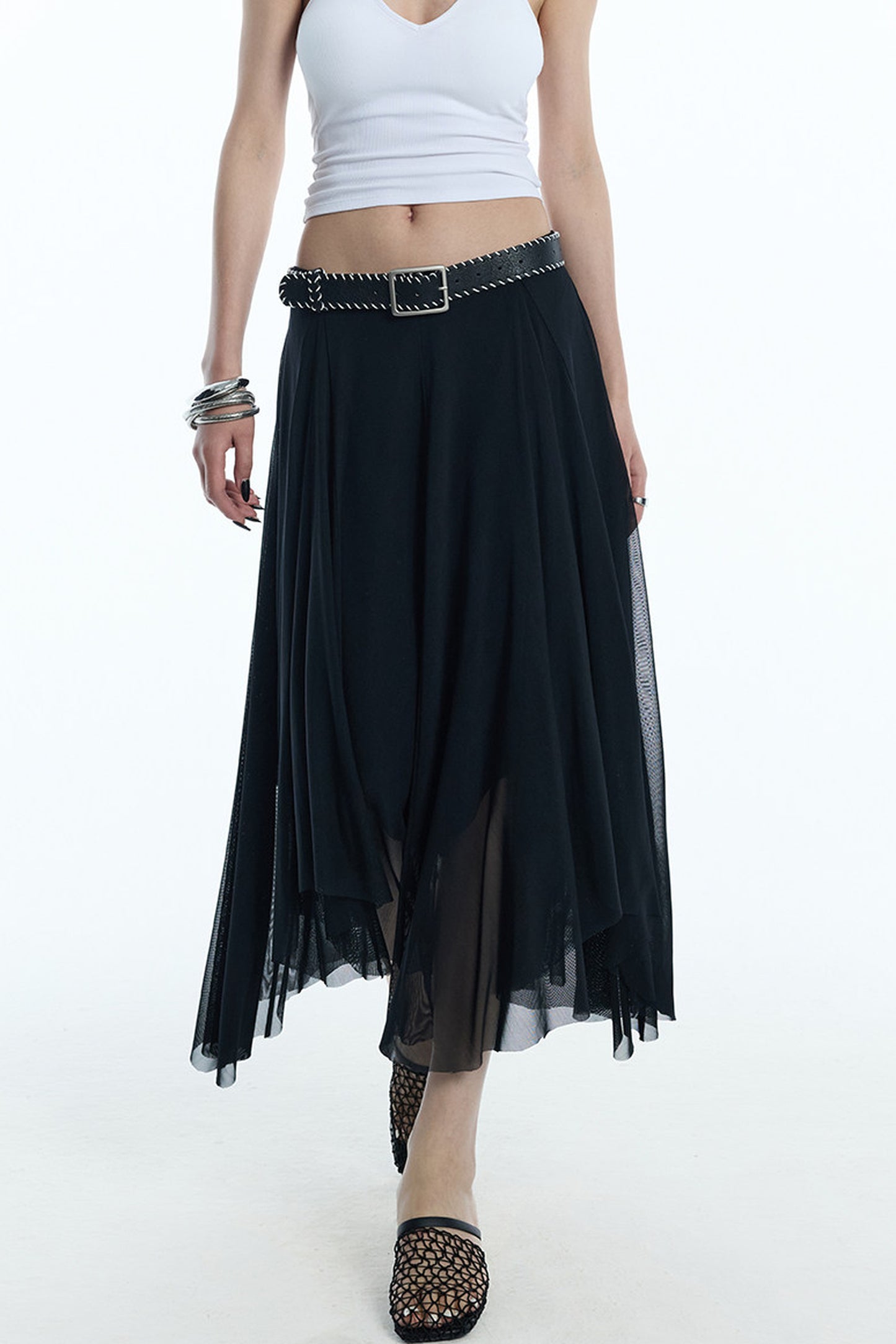 Asymmetrical Hem Mesh Skirt