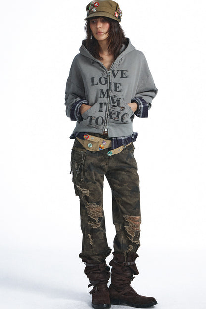 Camouflage Patchwork Multi-Pocket Flared Jeans