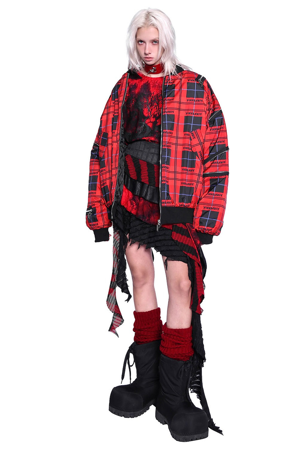 Flame Red Quilted Zipper Structure Patchwork Jacket