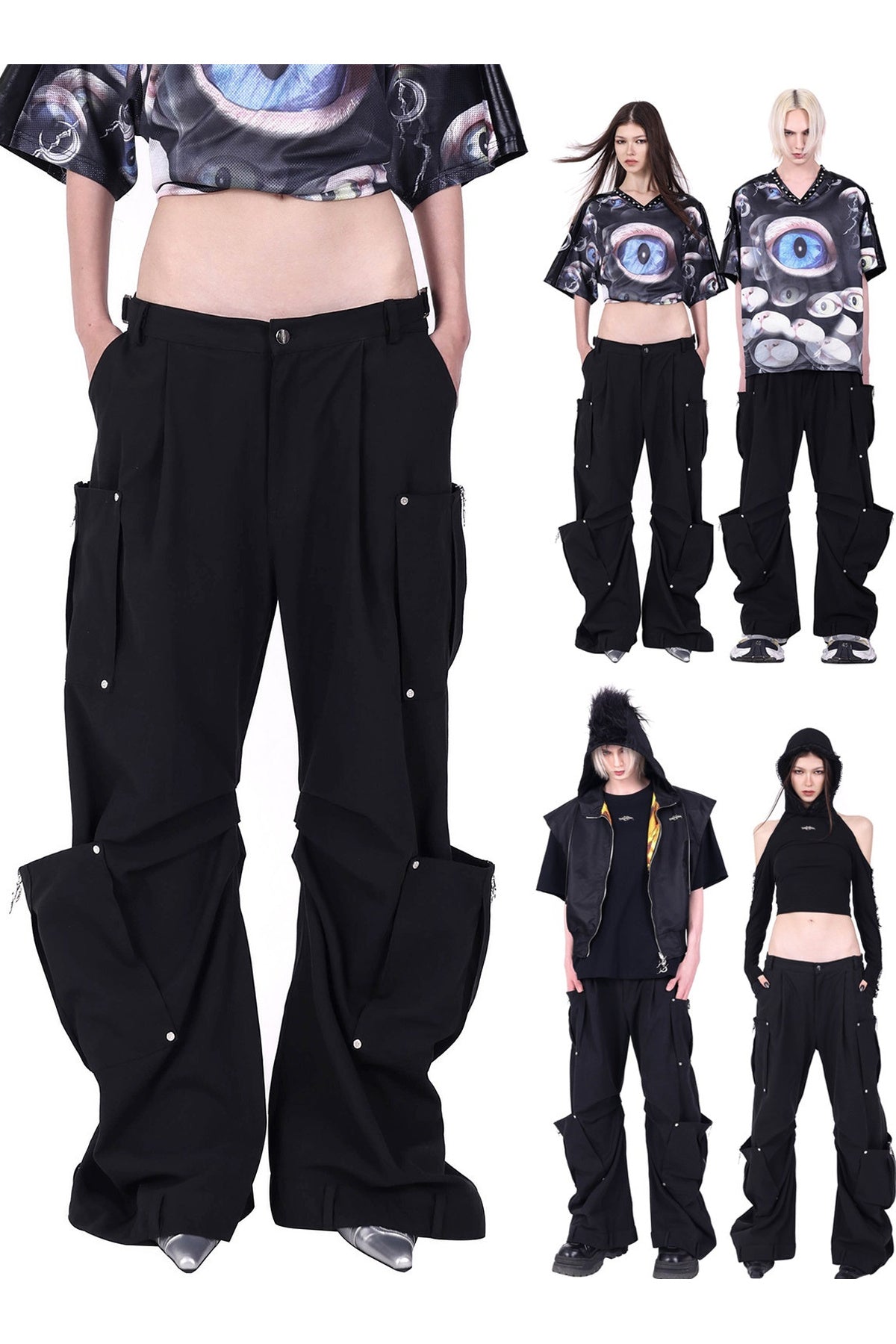 Structured Pocket Flared Waist Adjustable Pants