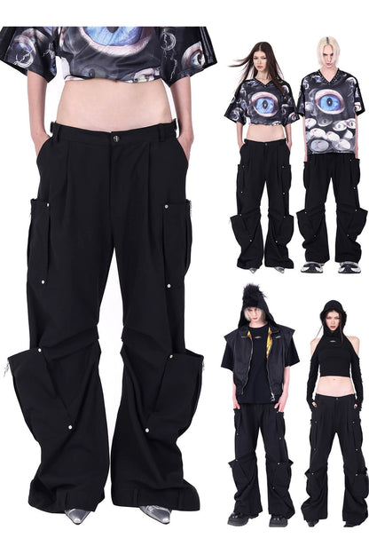 Structured Pocket Flared Waist Adjustable Pants
