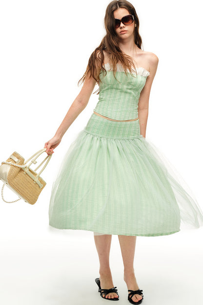 Mint Green Stripe Lyocell Cape and Tulle Skirt Set-Up