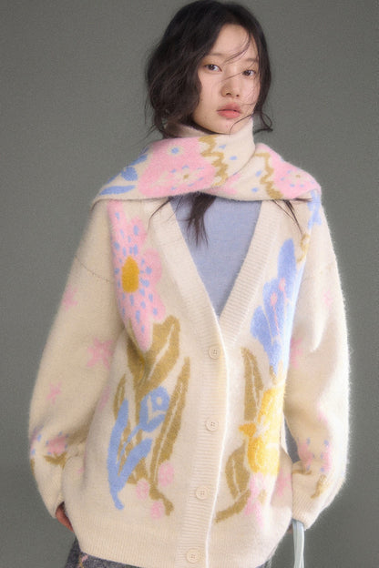 Ear-Flap Bird Tulip Jacquard Wool Cardigan