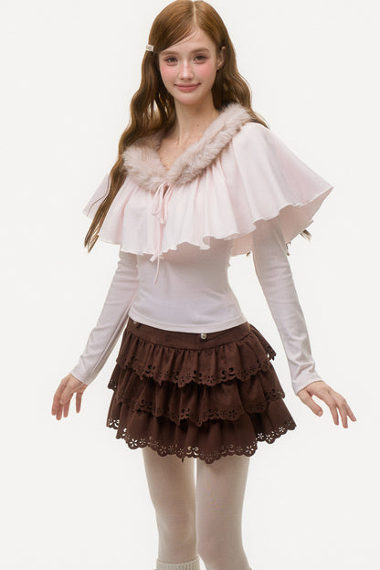 Large Ruffle Cape Shawl Fur Top
