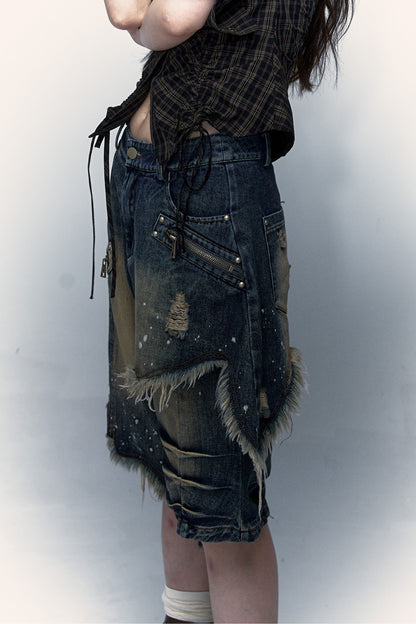 Pantaloncini di jeans effetto vissuto a gamba ampia